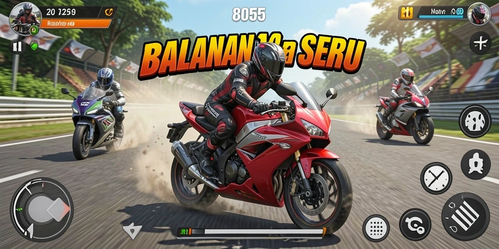 Screenshot gameplay 8055 menampilkan aksi balapan motor yang mendebarkan.