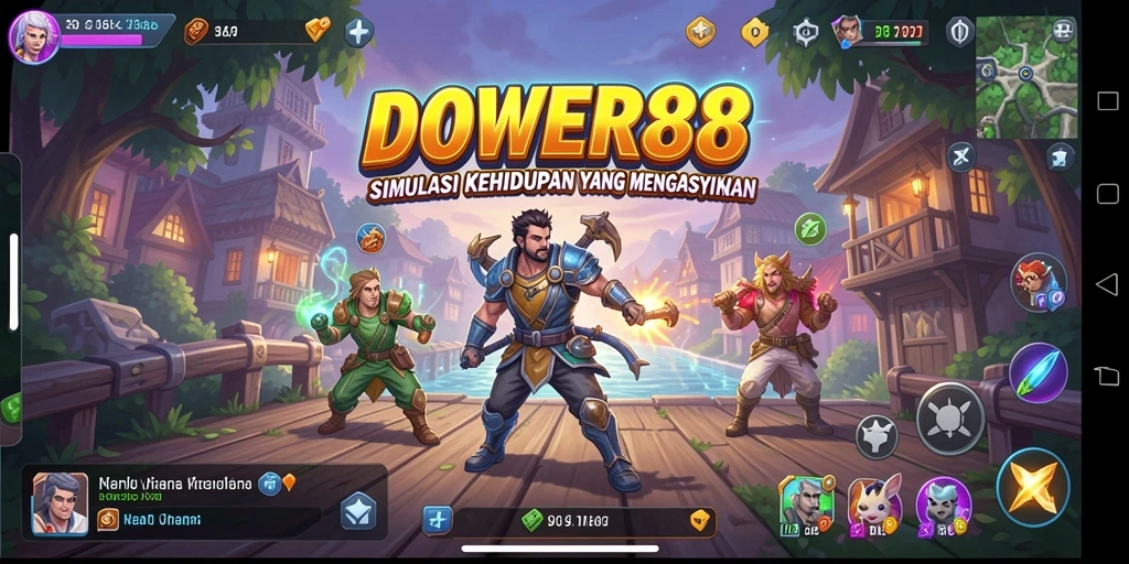 Tangkapan layar gameplay DOWER88 menampilkan karakter menjalani berbagai aktivitas sehari-hari.