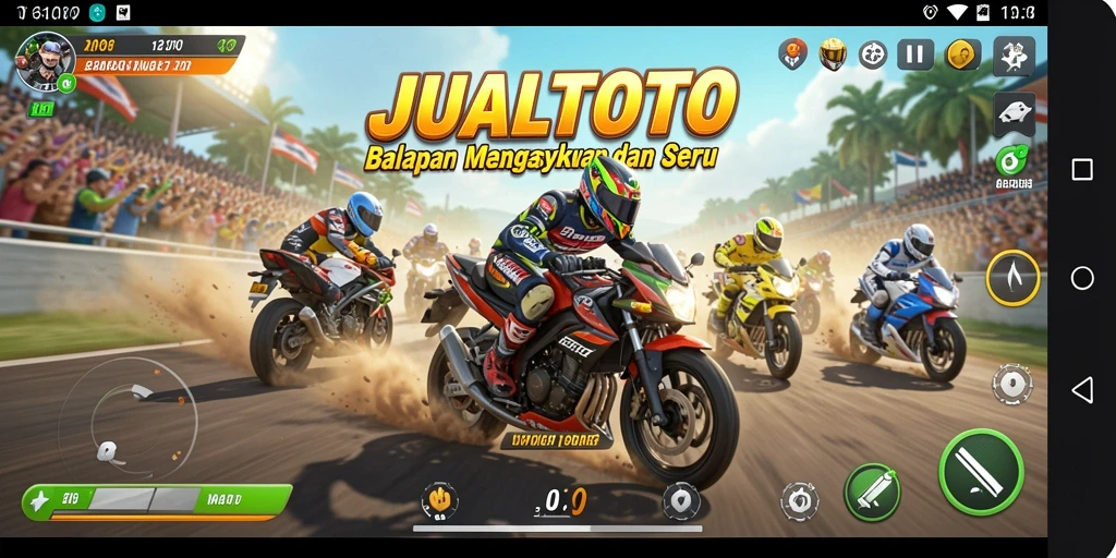 Tampilan gameplay JUALTOTO saat balapan motor dengan efek kecepatan.