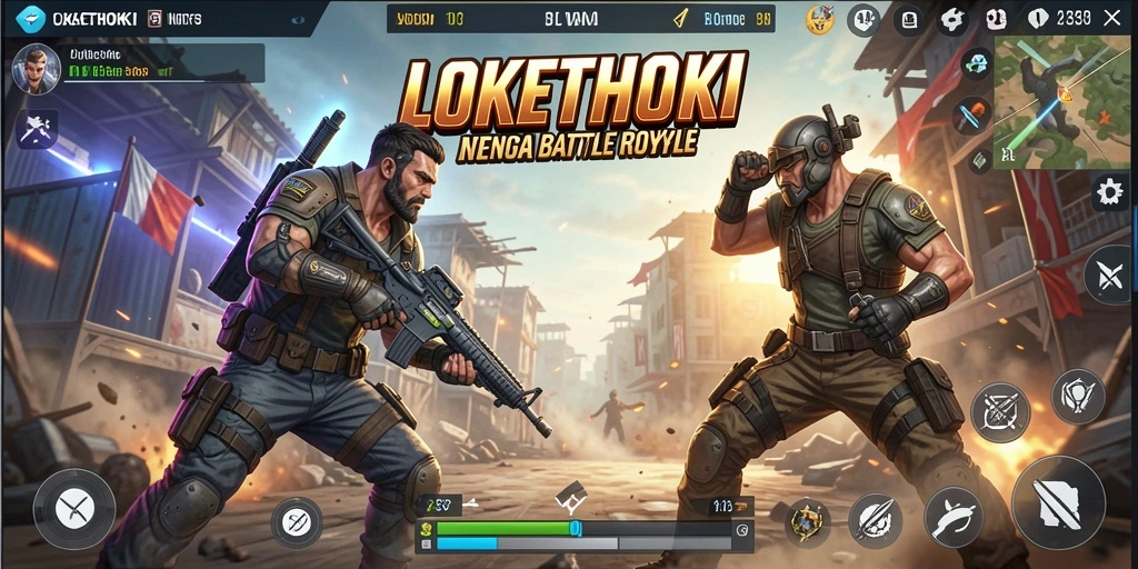 Screenshot gameplay LOKETHOKI menunjukkan aksi pertempuran Battle Royale yang seru.