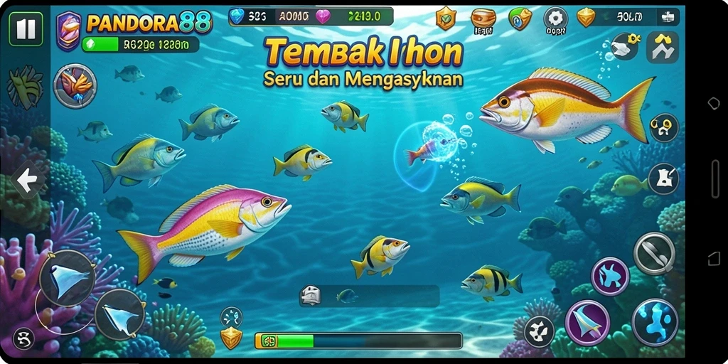 Screenshot gameplay PANDORA88 menampilkan aksi seru menembak ikan.