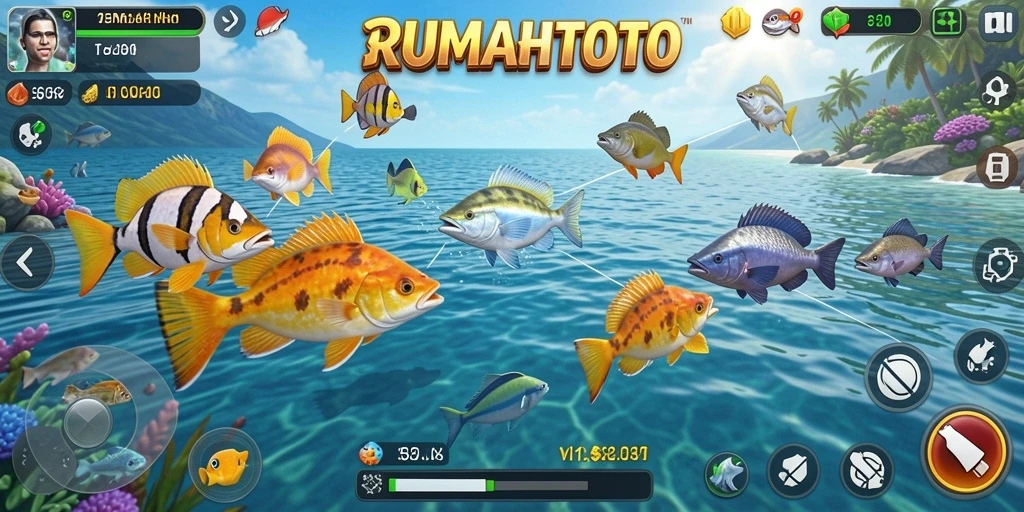 Tampilan gameplay seru RUMAHTOTO saat menembak ikan dengan beragam senjata.