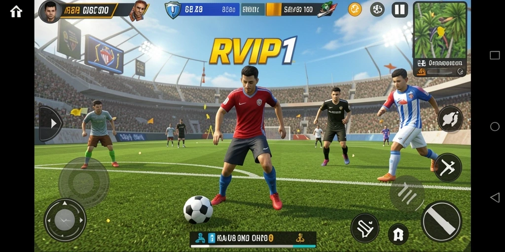 Screenshot utama RVIP1 menampilkan aksi pertandingan olahraga yang mendebarkan.