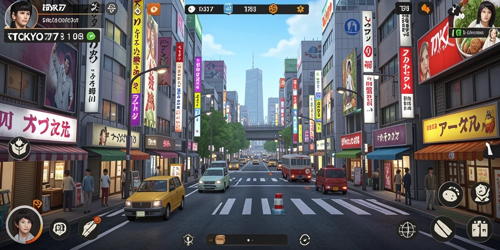 Screenshot gameplay TOKYO77 menampilkan suasana kota Tokyo yang ramai dan interaksi pemain.