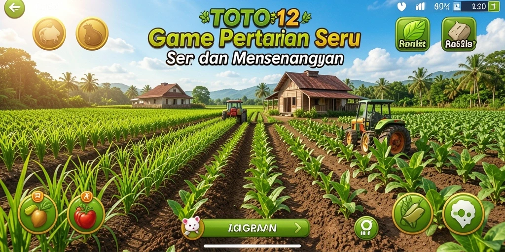 Screenshot TOTO12 menampilkan pemain yang sedang bertani dengan tanaman hijau yang subur.