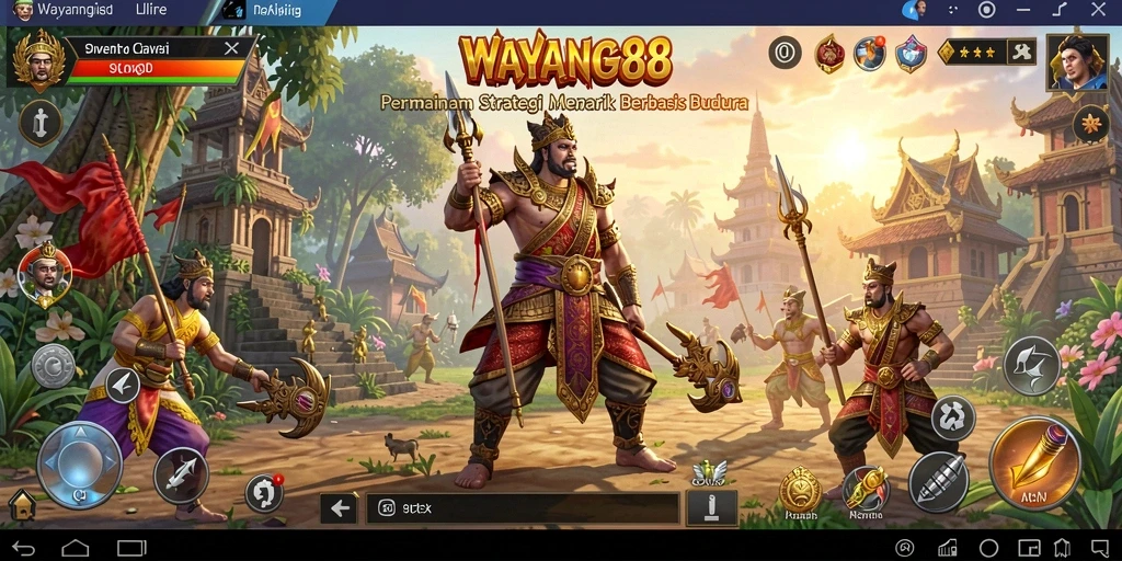 Screenshot gameplay strategi dalam WAYANG88 yang menampilkan karakter dan aksi.